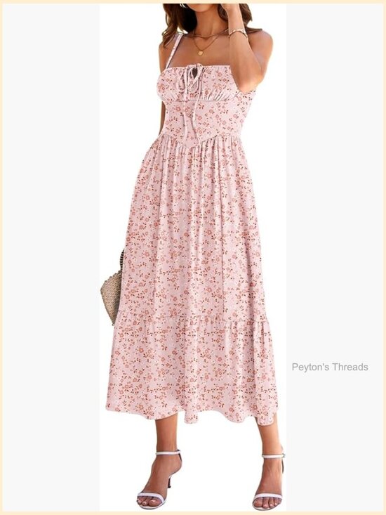 Dresses & Skirts - Flowy A-Line Midi Sundress with Pockets Spaghetti Strap Corset Lace-Up